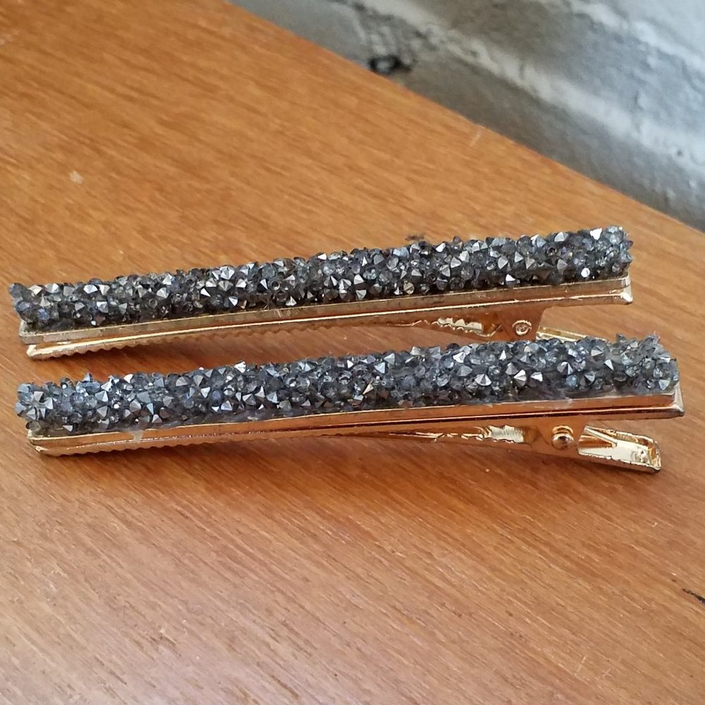 Dark Grey Sparkle Crystal Gold Tone Clip Barrettes